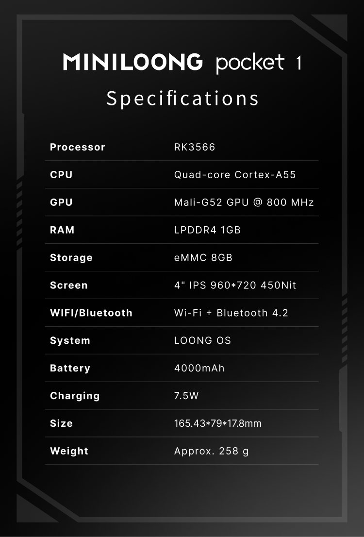 MINILOONG Pocket 1 Handheld Retro Game Console - 4" IPS 720p Display