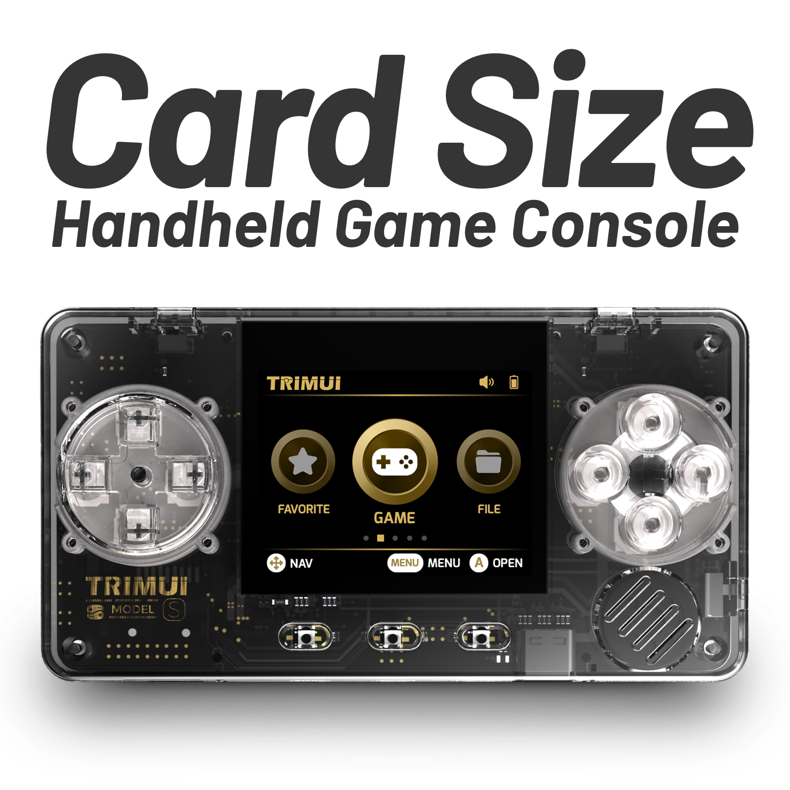 TRIMUI Model S Handheld game console with 'Card Size' text and TRIMUI interface on a white background