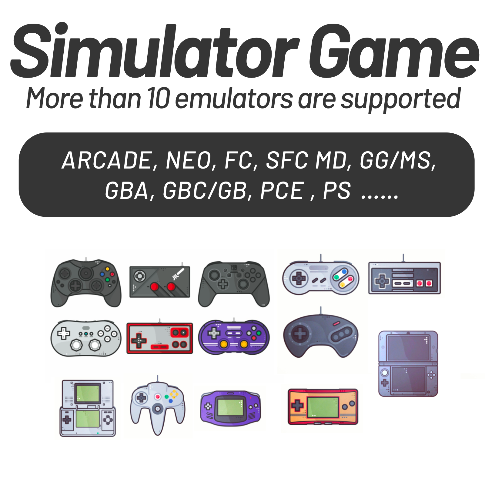 Simulator game advertisement with various gaming console controllers and text about emulators supported.