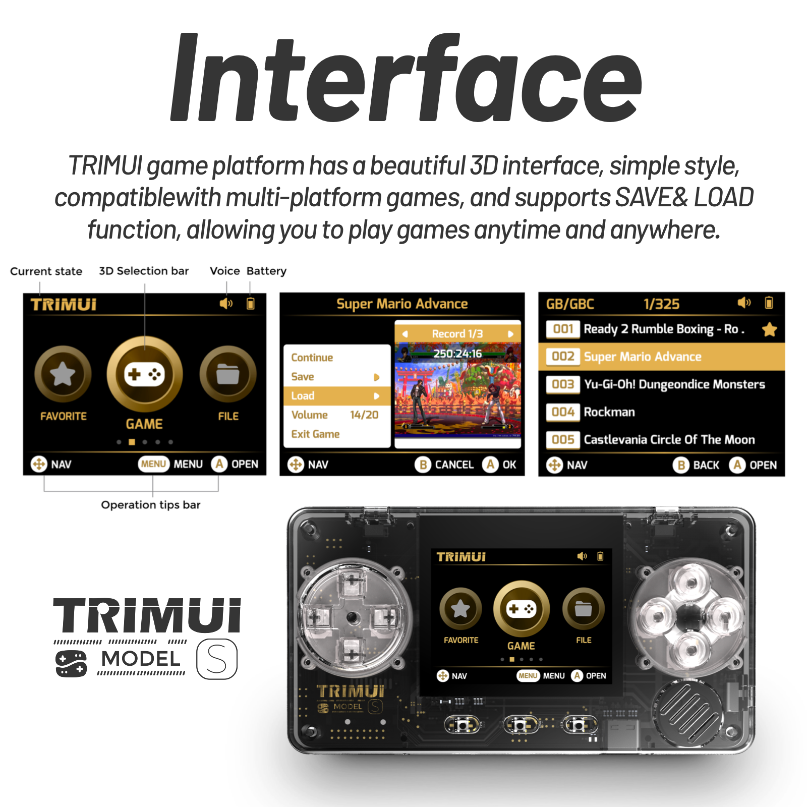 TRIMUI game platform interface with 3D selection bar and hardware components.