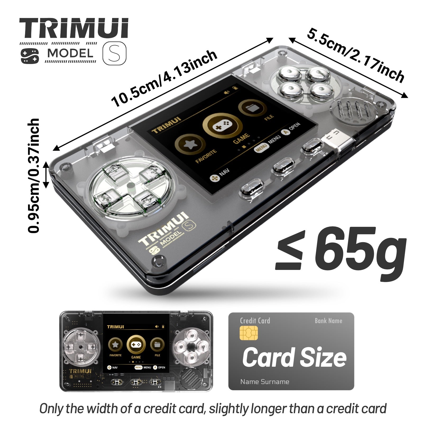 TRIMUI Model S handheld device with dimensions and weight information on a white background