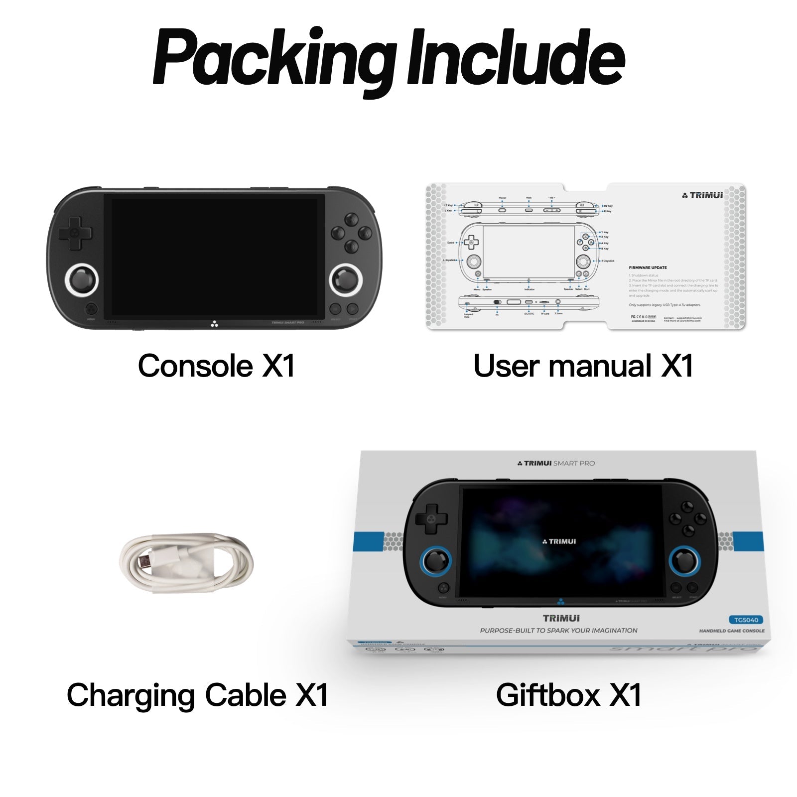 List of TRIMUI Smart Pro included in a packaging with a console, user manual, charging cable, and giftbox.