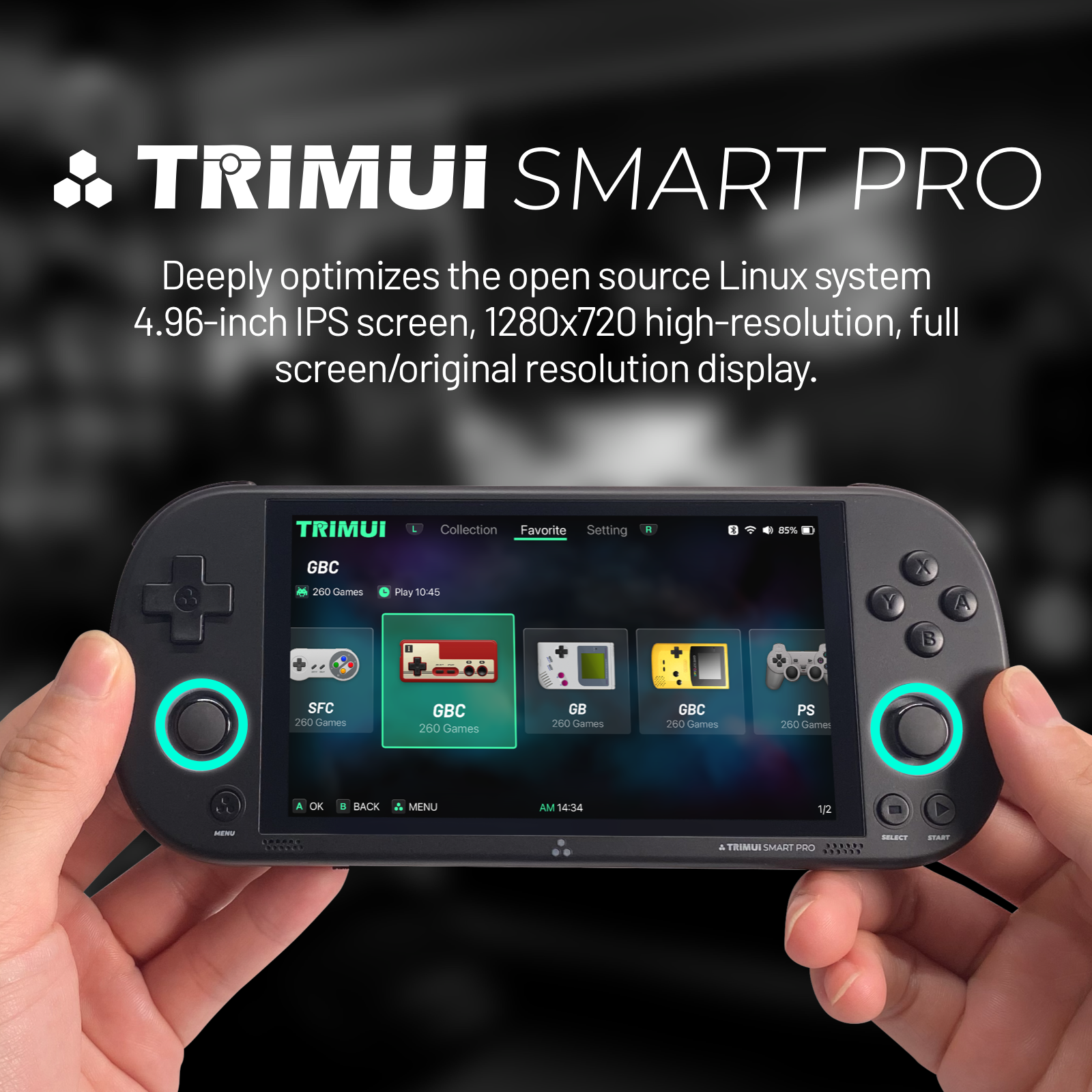 Handheld gaming console with TRIMUI Smart Pro branding and screen display.