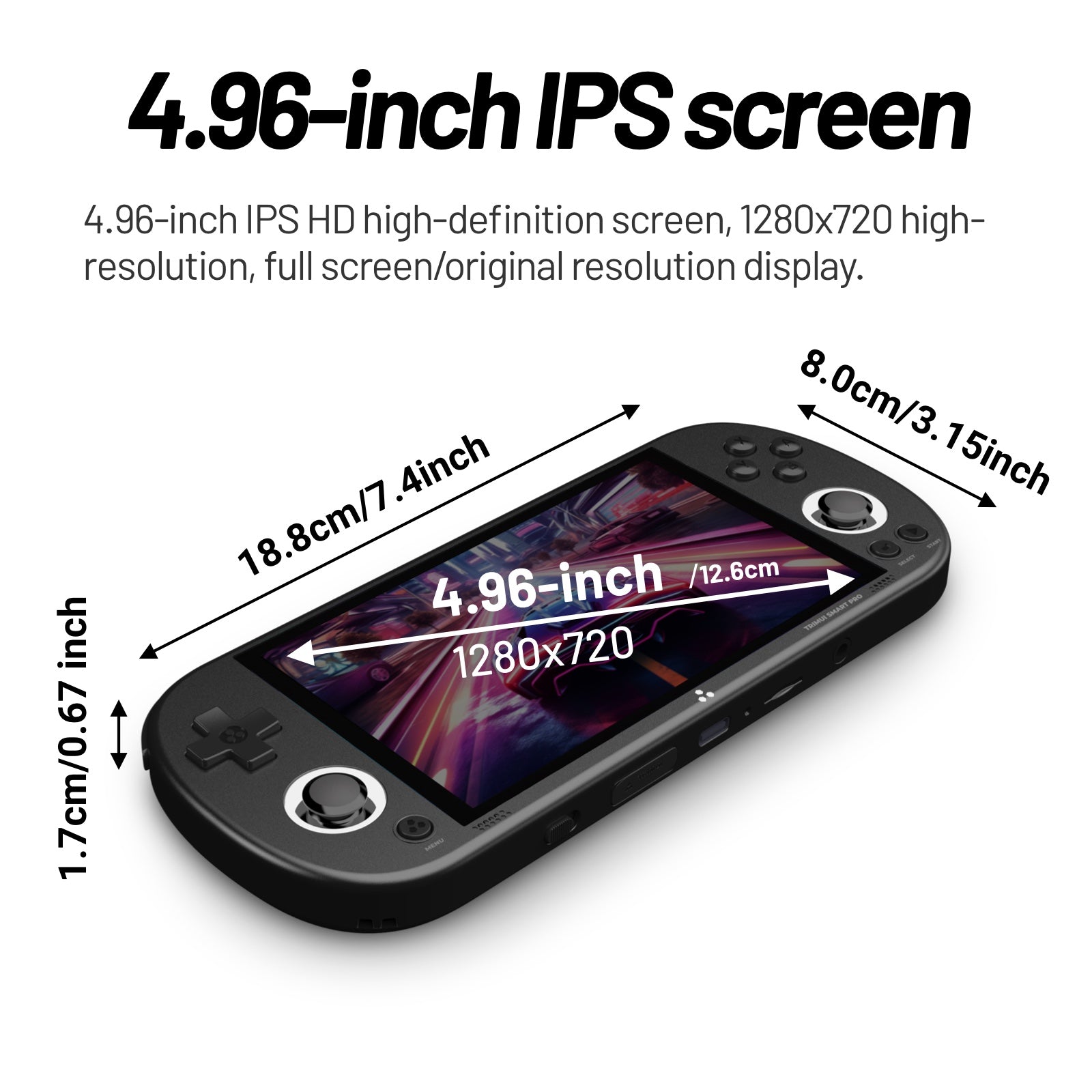 TRIMUI Smart Pro handheld gaming console with 4.96-inch IPS screen dimensions and resolution details