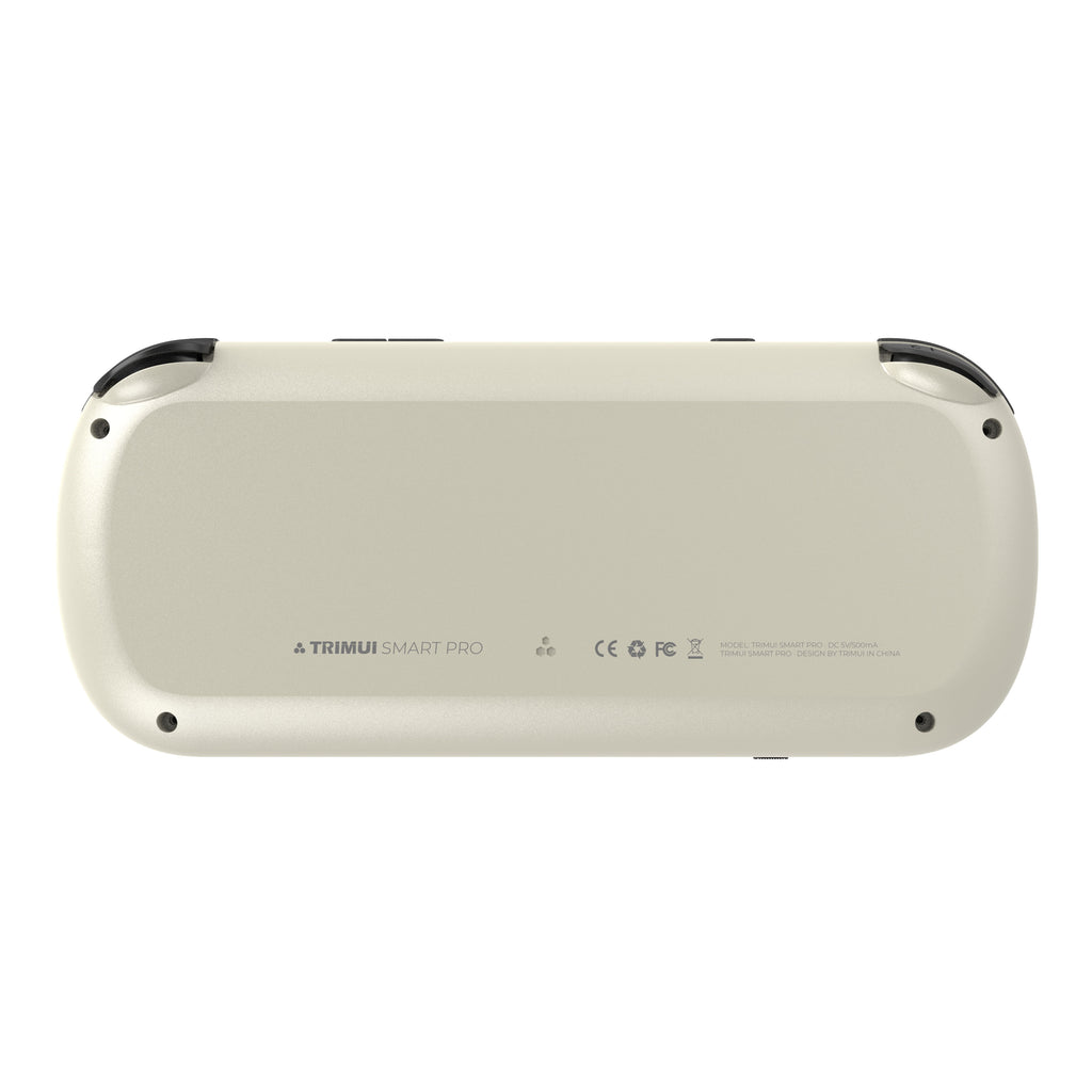 Back view of a beige electronic device with branding on a white background