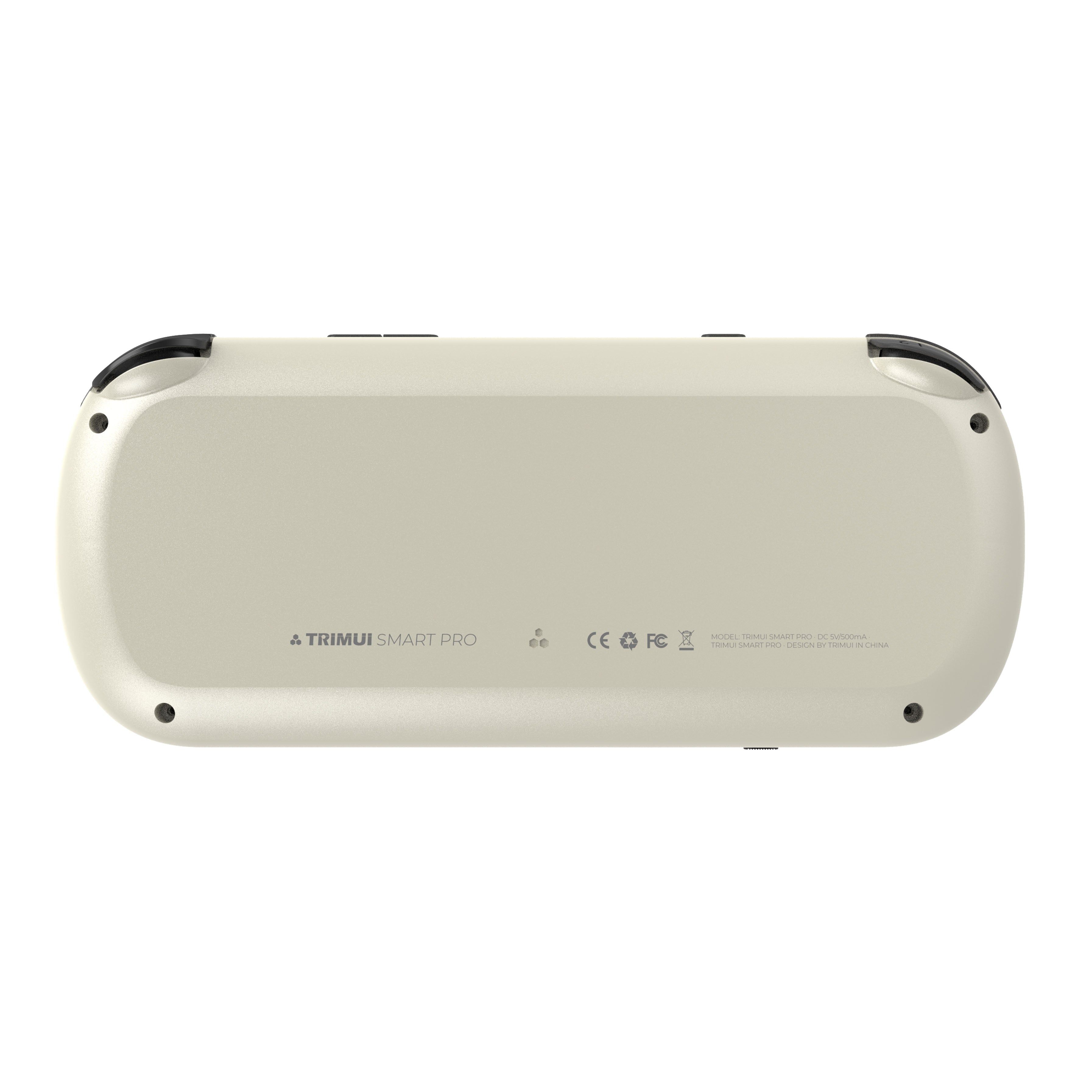 Back view of a beige electronic device with branding on a white background